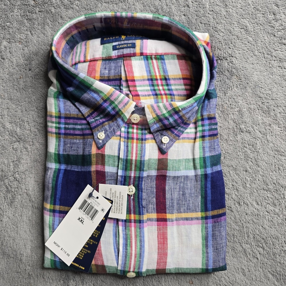 NWT Ralph Lauren Shirt Mens XXL Multicolor Plaid 100% Linen Classic Fit L/S